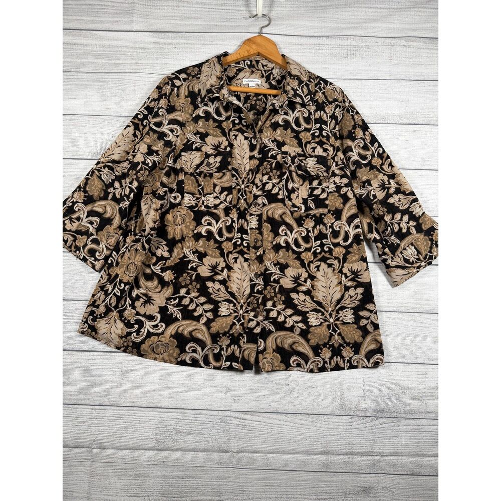 Croft & Barrow Woman 2X Brown Black Floral 3/4 Sleeve Button Blouse 4156